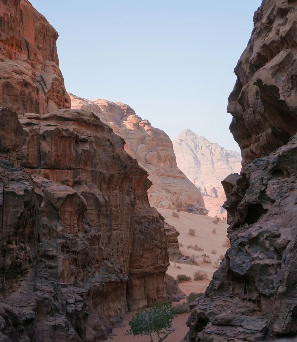A narrow sandstone canyon in the Wadi Rum desert