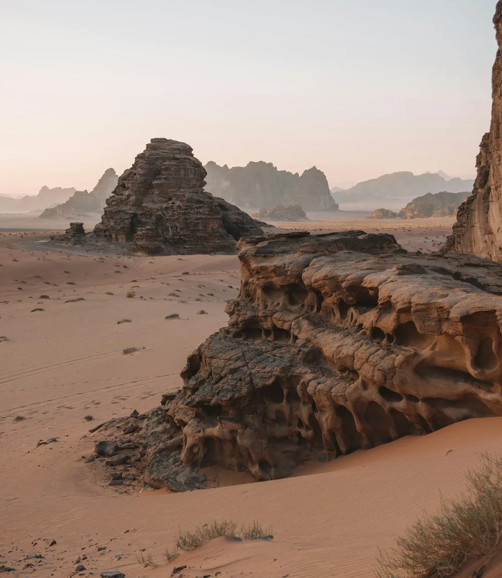 Red sand dunes below towering sandstone cliffs in Wadi Rum